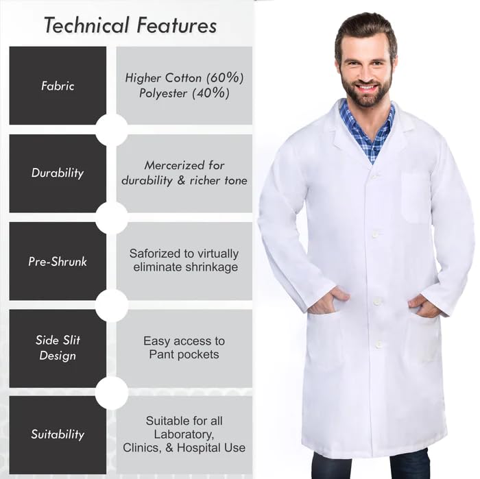 DR Instruments DR Uniforms By - DR201-M Unisex Lab Coat (60% Cotton / 40% Polyester) Sanforized to Prevent Shrinking - (White) - M - Image 3
